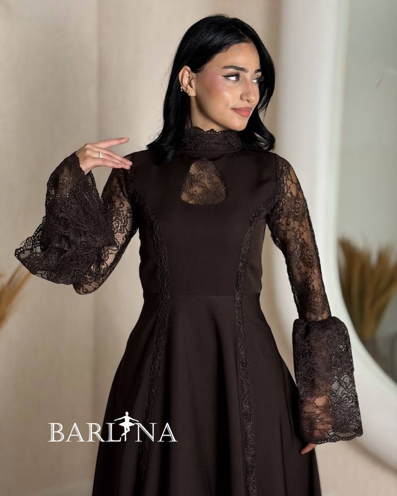 Elegant dark brown dress with lace details