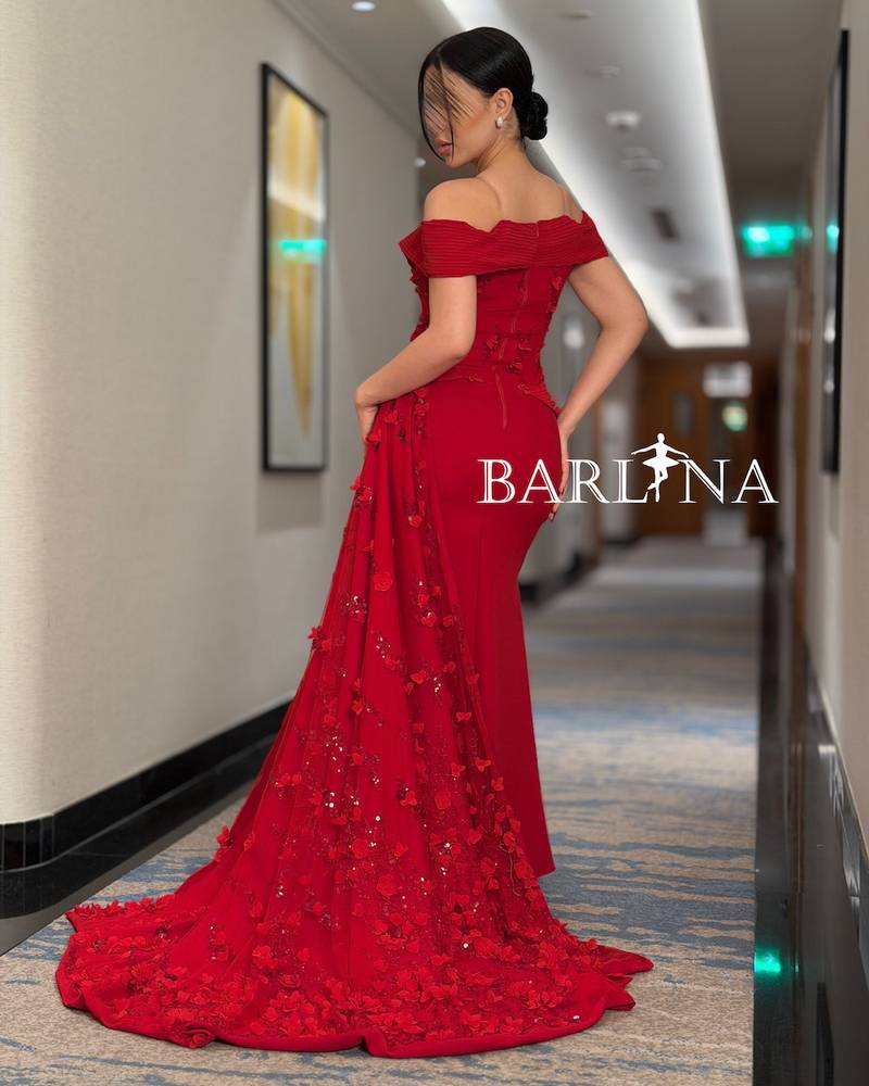 Burgundy off-shoulder evening dress with embroidered train