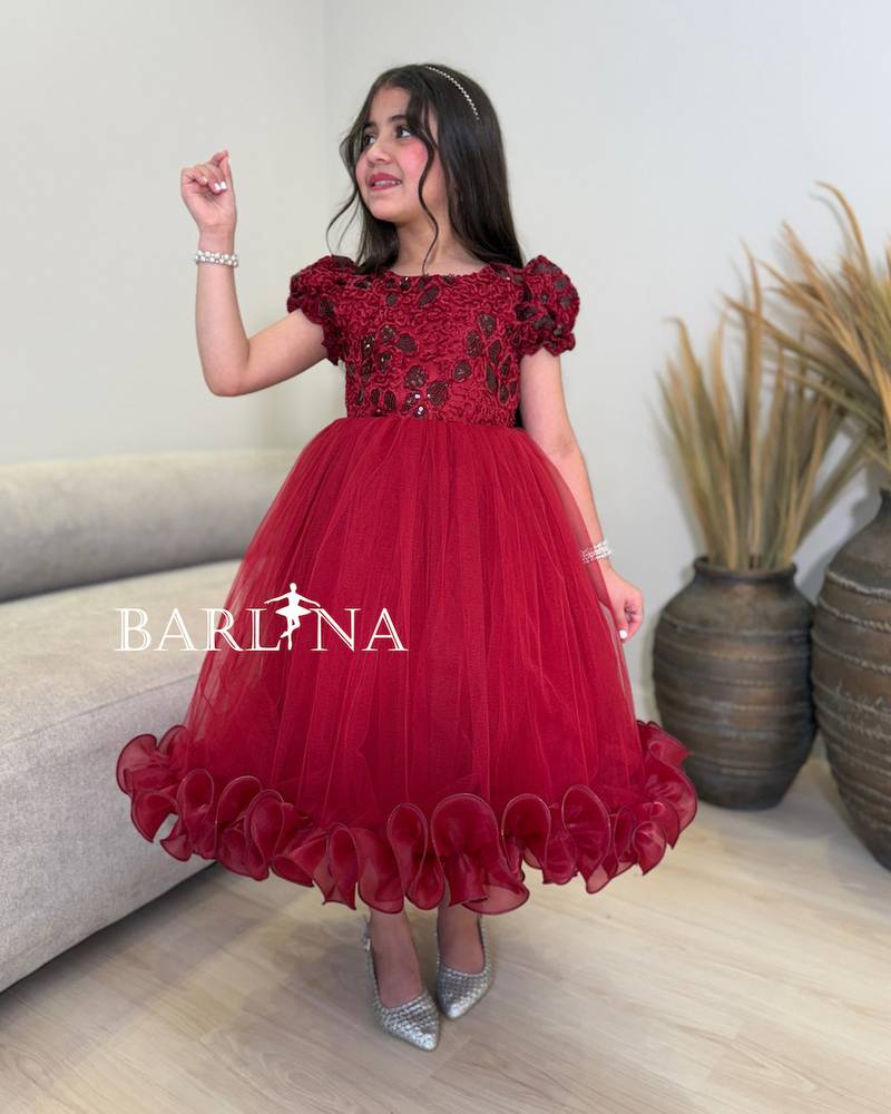 Girls' burgundy tulle dress with an embroidered bodice