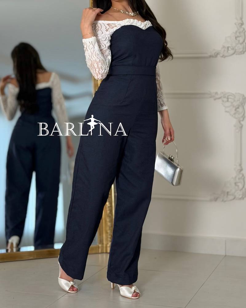 Navy jumpsuit with elegant lace sleeves