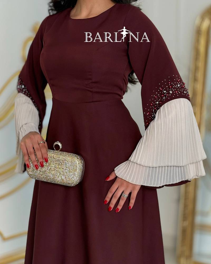 Soft burgundy midi dress with embellished sleeves
