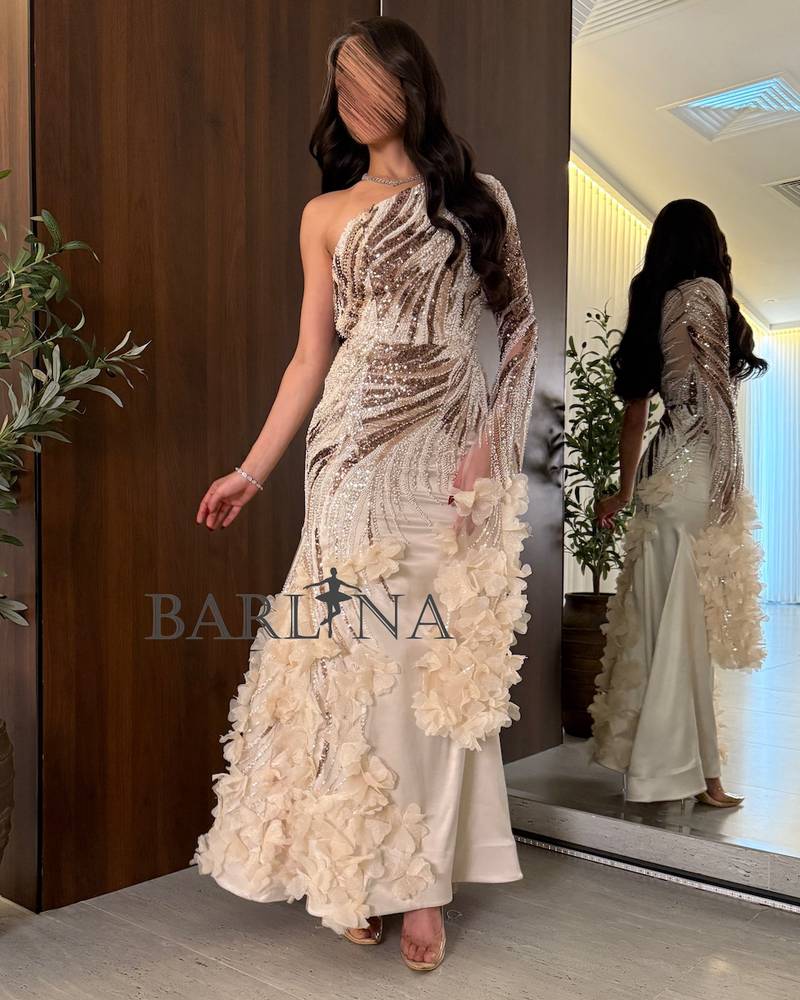 Beige one-shoulder dress with beaded lines