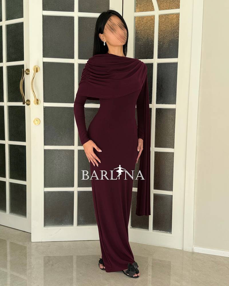 A soft burgundy dress with a wrap-around drape on the chest