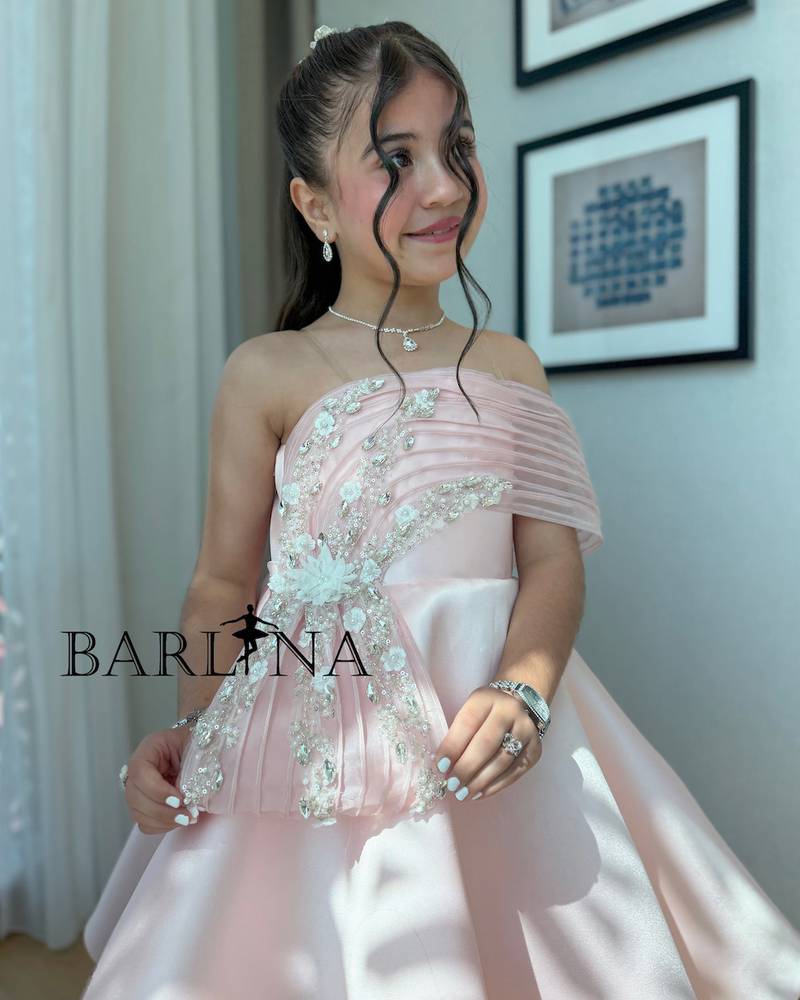 Girls' Pink One Shoulder Embroidered Dress