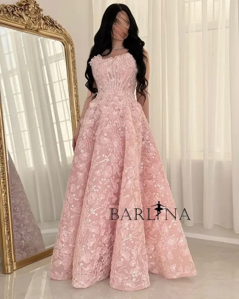 Pink evening dress with all-over floral embroidery