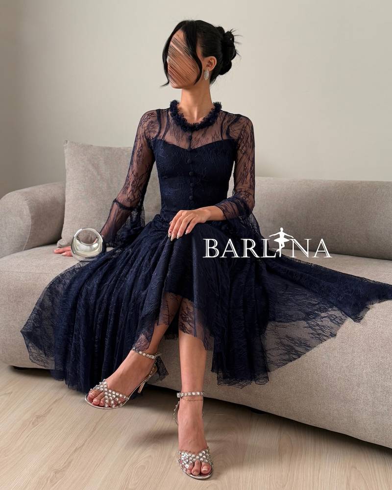 Navy lace midi dress with wide sleeves