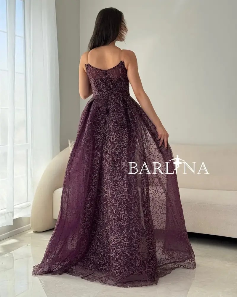 Dark purple evening dress with embroidered tulle