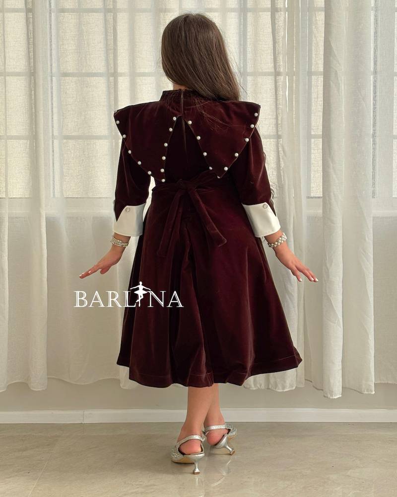 Girls' winter dress, brown with pearl details