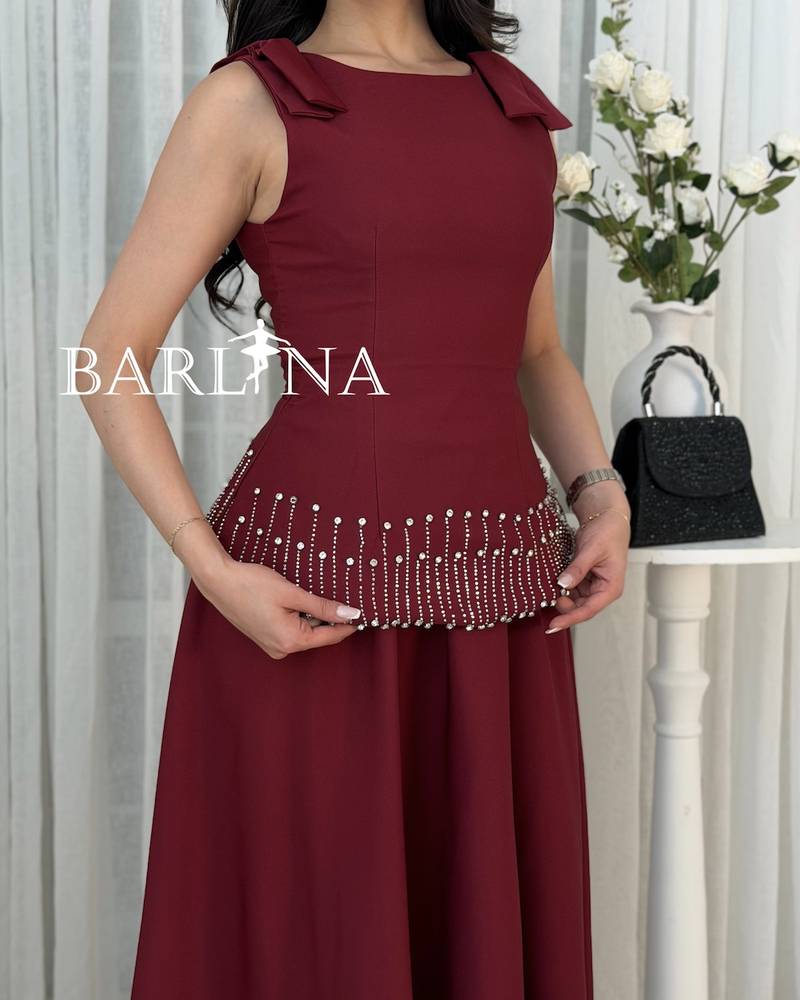 Two-piece burgundy set decorated with rhinestones