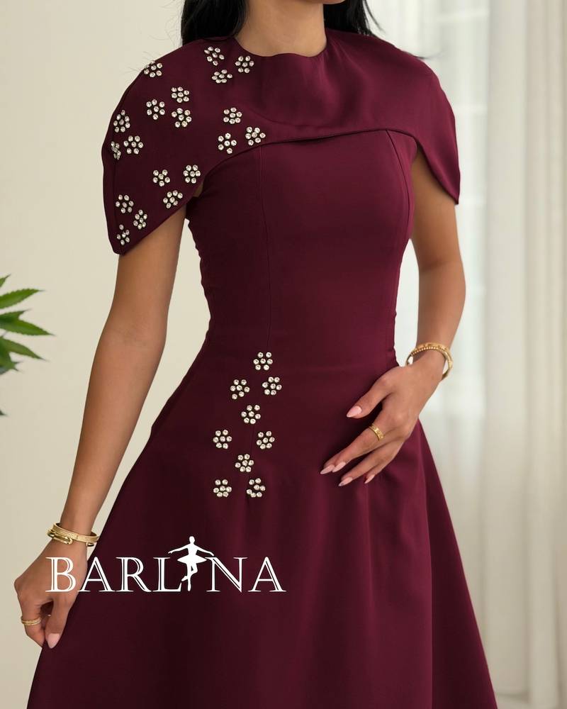 Burgundy dress with short sleeves and crystals