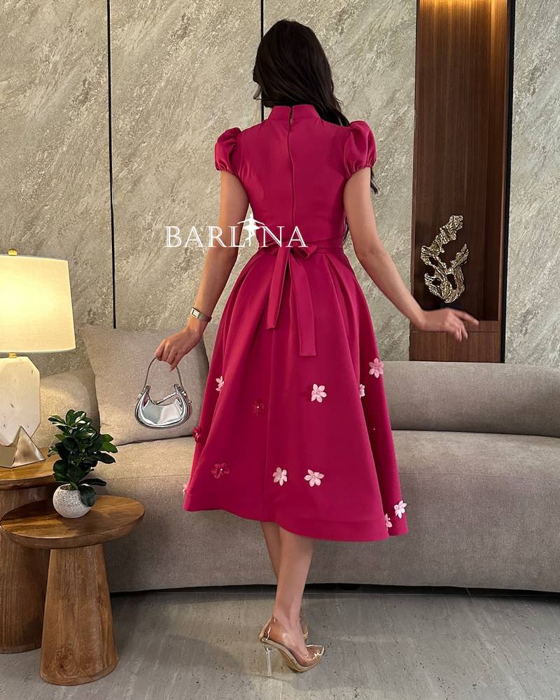 Fuchsia midi dress with short puff sleeves