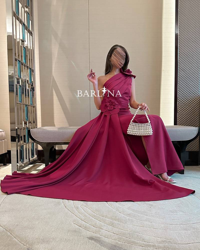 One Shoulder Burgundy Dress Decorated with Flowers