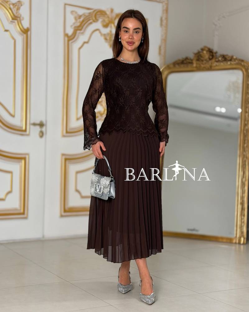 Soft brown pleated dress with stretch lace