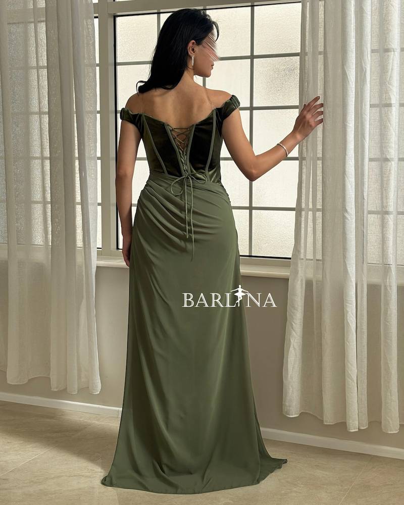 Olive green corset dress with side pleats