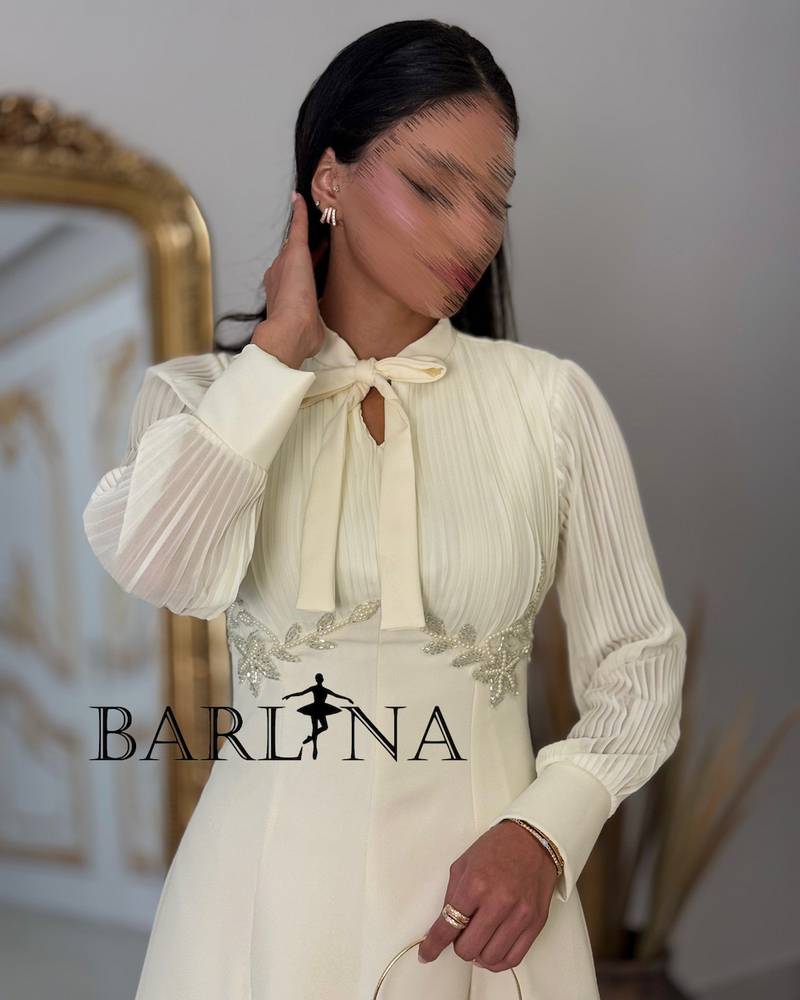 Beige dress with delicate details and sheer sleeves