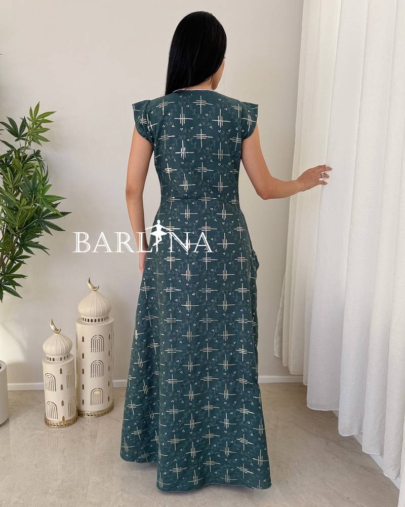 Green sequined jalabiya with an elasticated collar