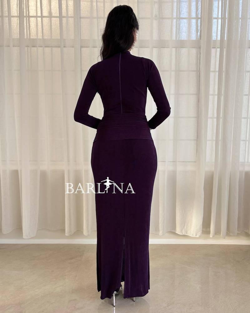 Dark purple dress with a wrap at the waist