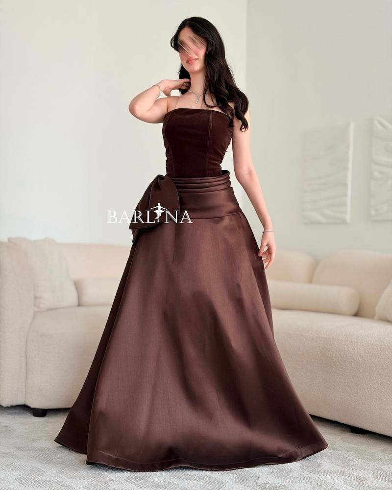 Royal brown dress with a high wrapped waist