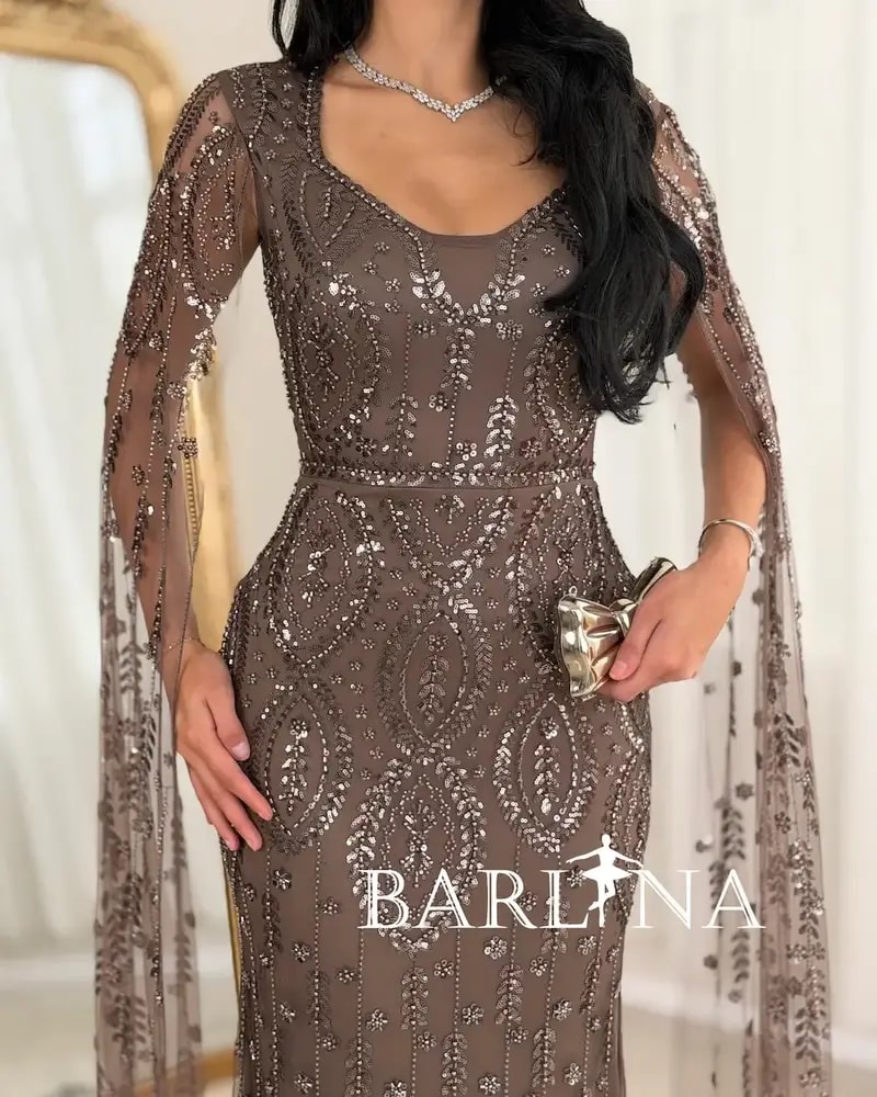Luxurious brown evening dress fully embroidered