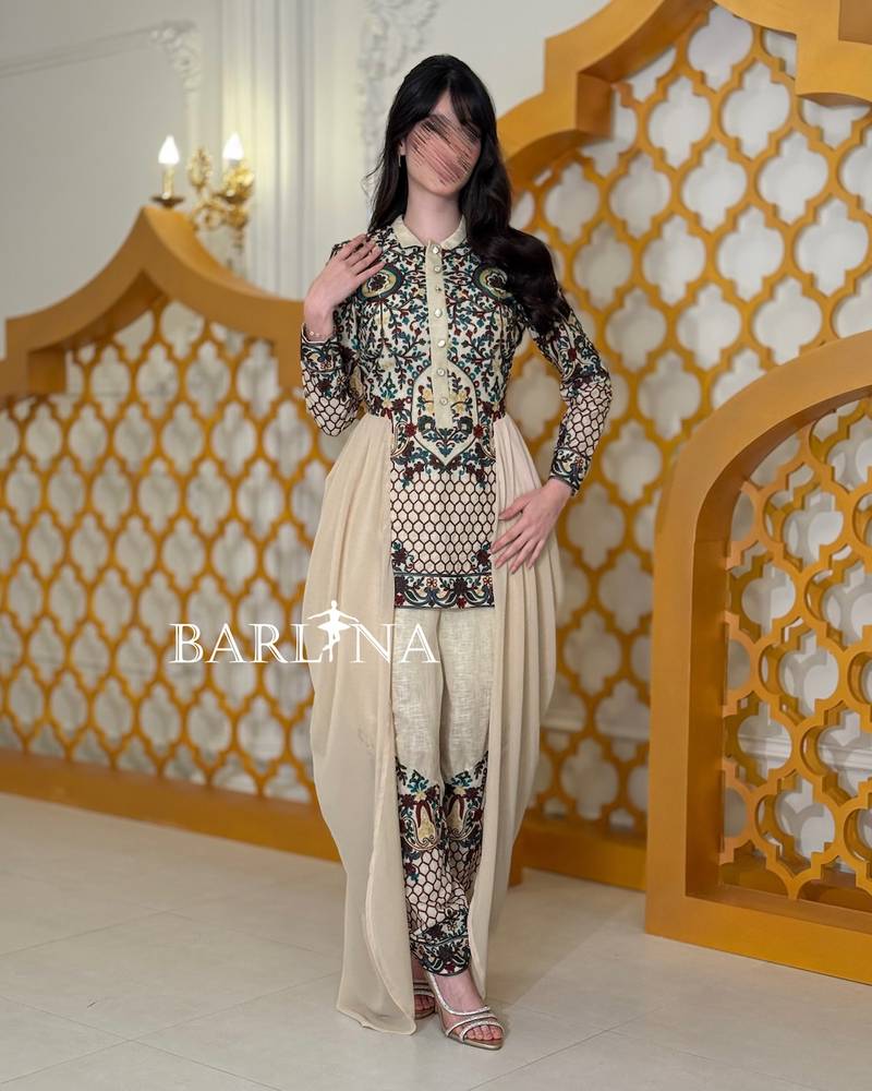 Fusion tunic jalabiya embroidered in beige