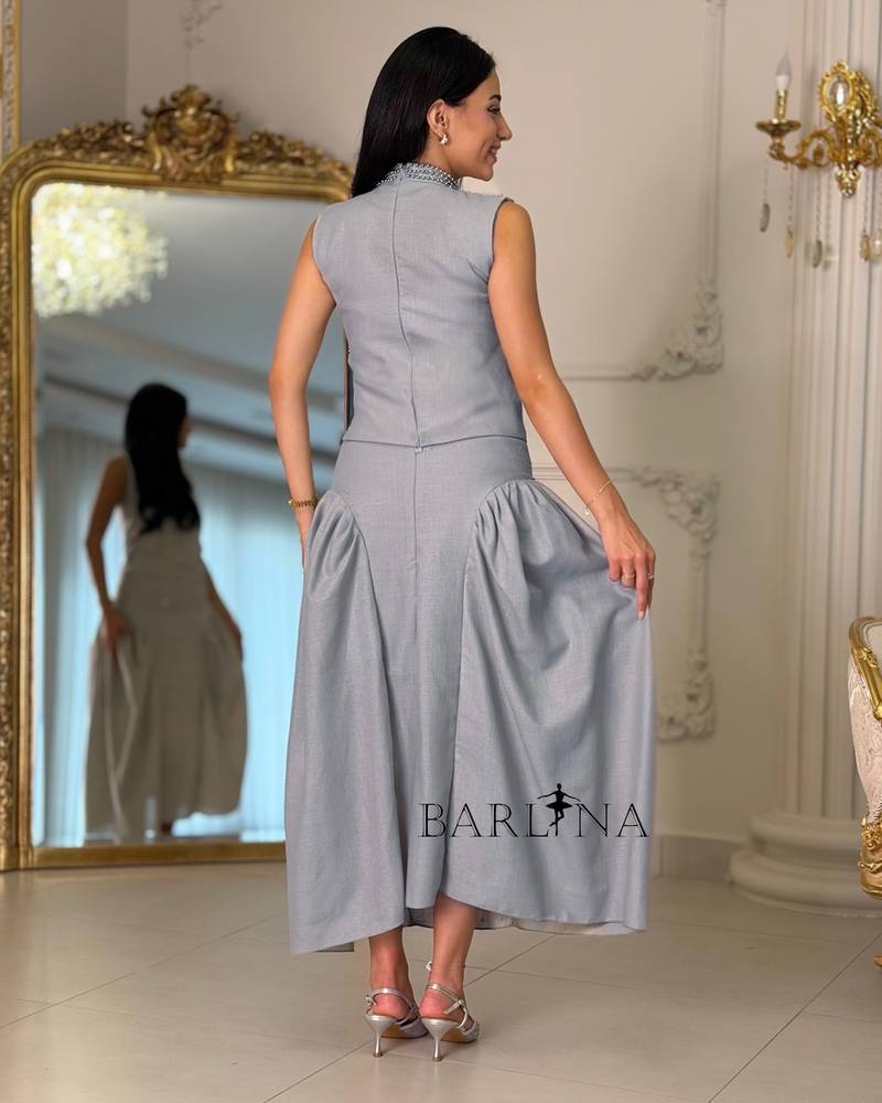 Women's gray midi set with crystal embellishments
