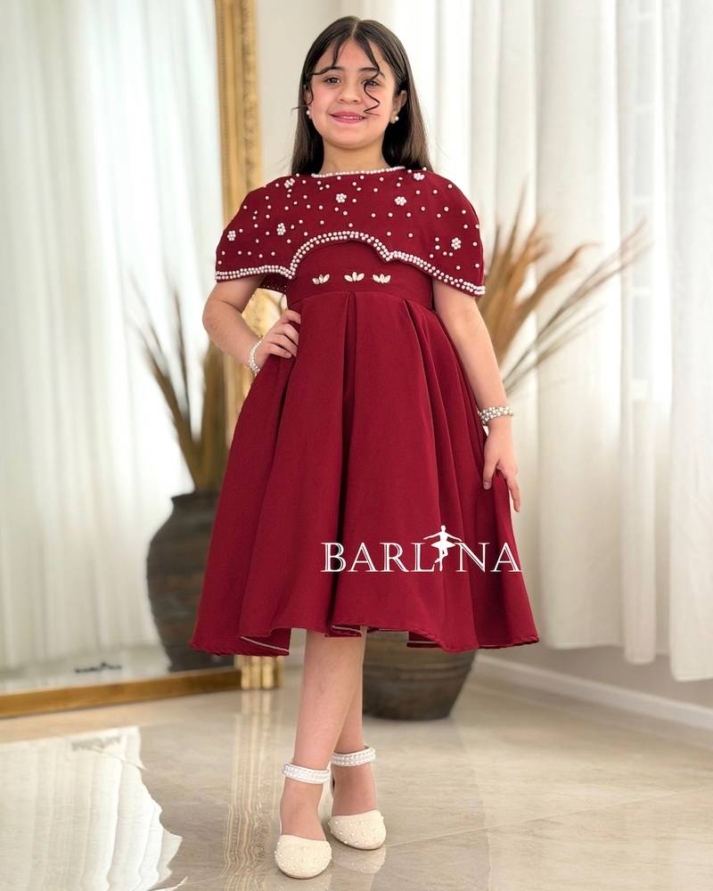 Girls' burgundy dress with short pearl cape