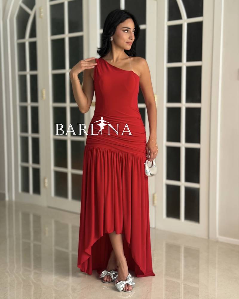 Red one-shoulder dress with pleats and a gathered waist