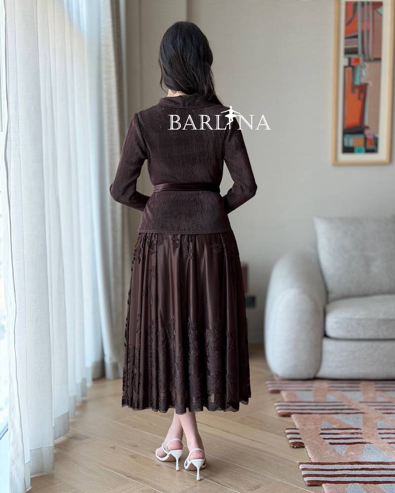 Dark brown blazer dress with a fabric belt