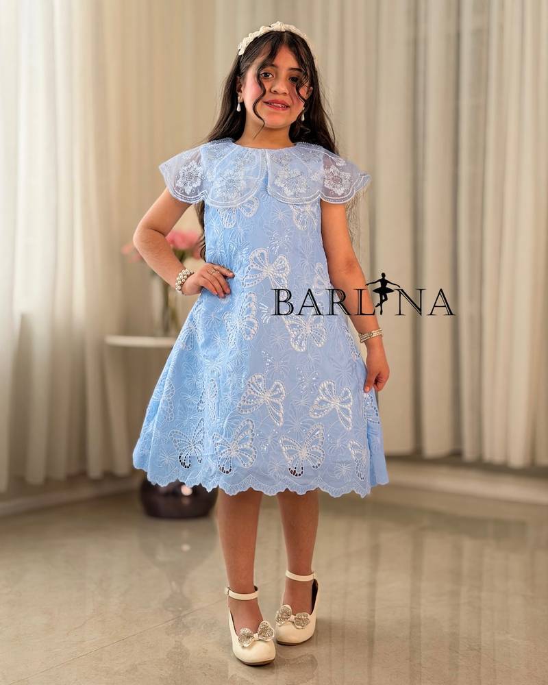 Girls' blue dress with butterfly print