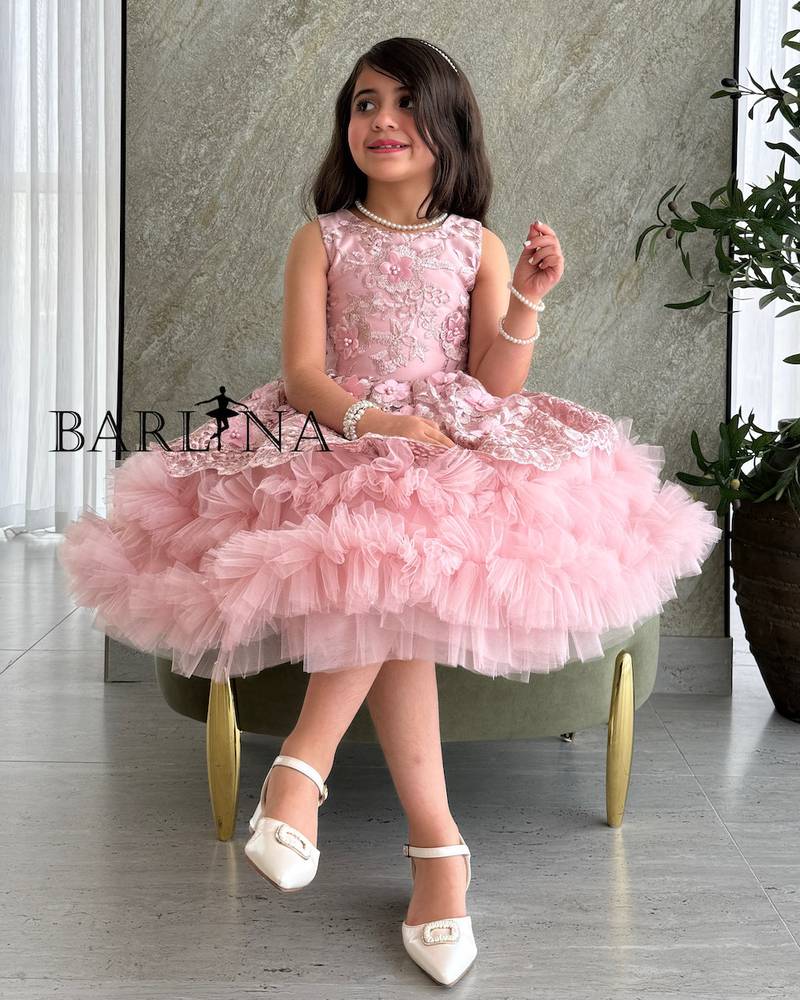 Girls' pink patterned dress with ruffled tulle