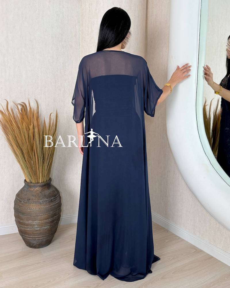 Navy blue embellished jalabiya with a sheer abaya