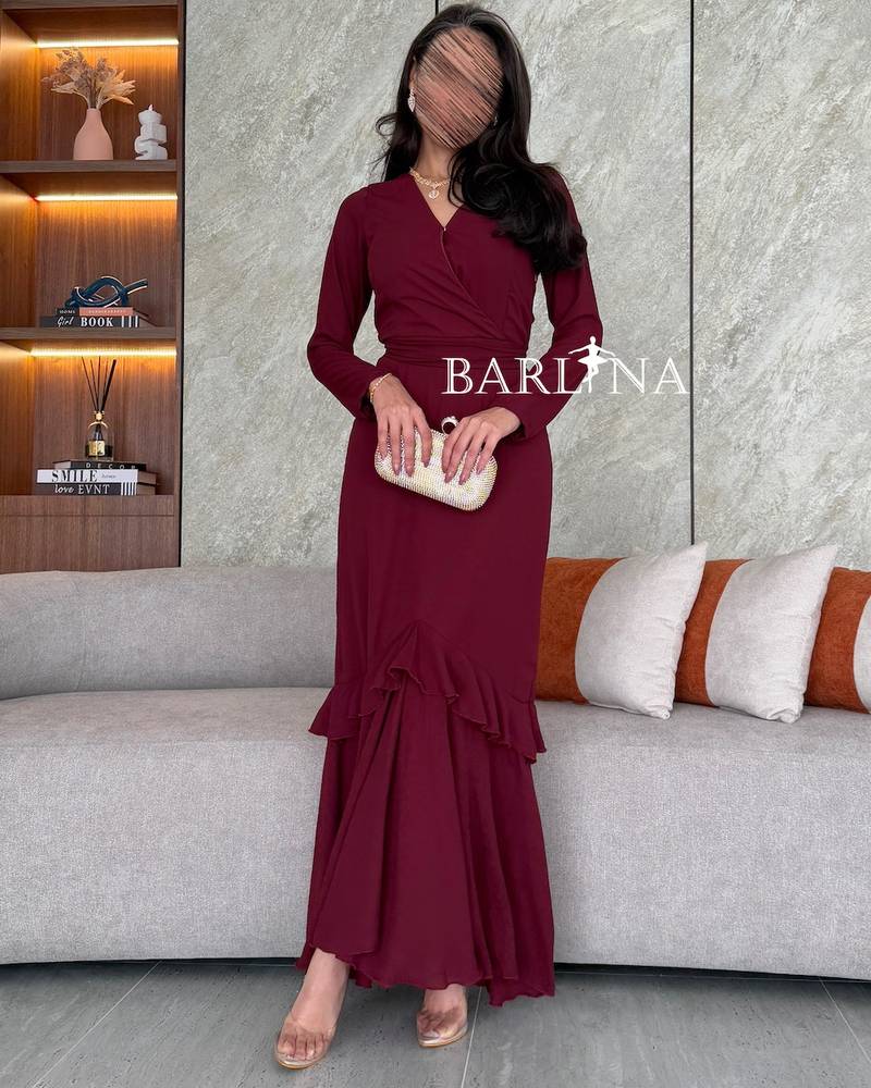 Modest burgundy dress with long sleeves