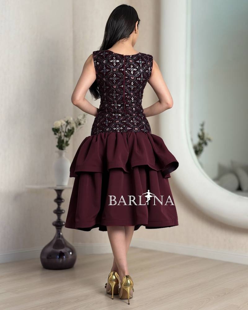 Burgundy embroidered dress with layered skirts