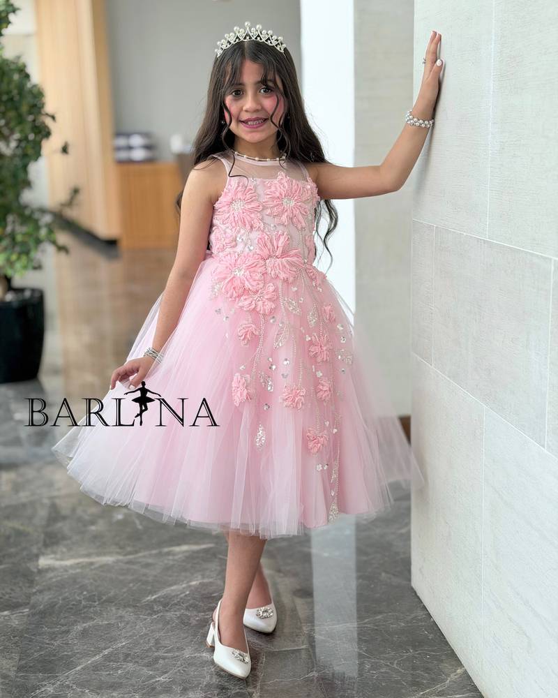 Pink girl's dress decorated with flowers and sparkly embroidery