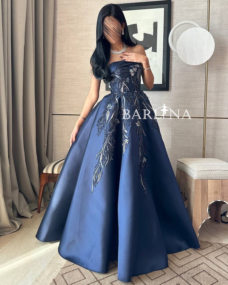Navy blue embroidered dress with straight neckline