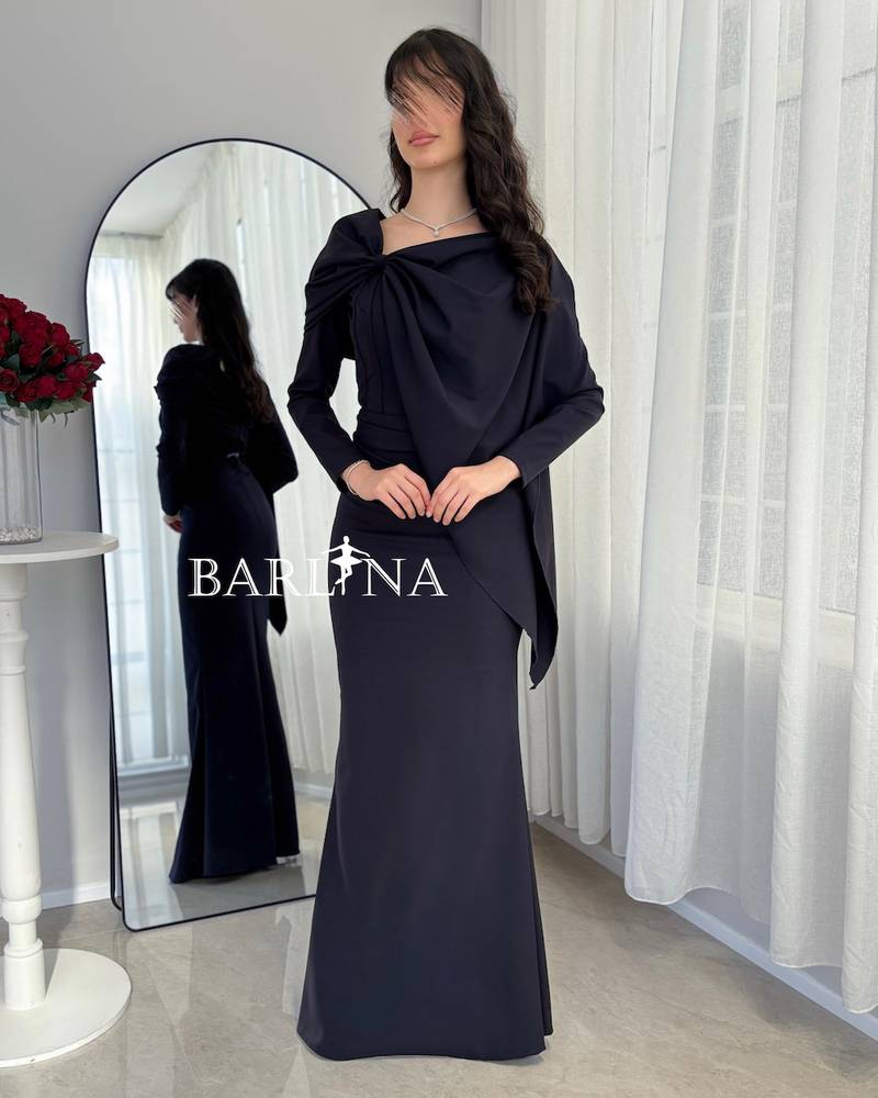 Soft navy fitted dress with side draping