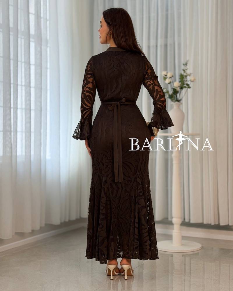 Elegant brown dress adorned with gold buttons