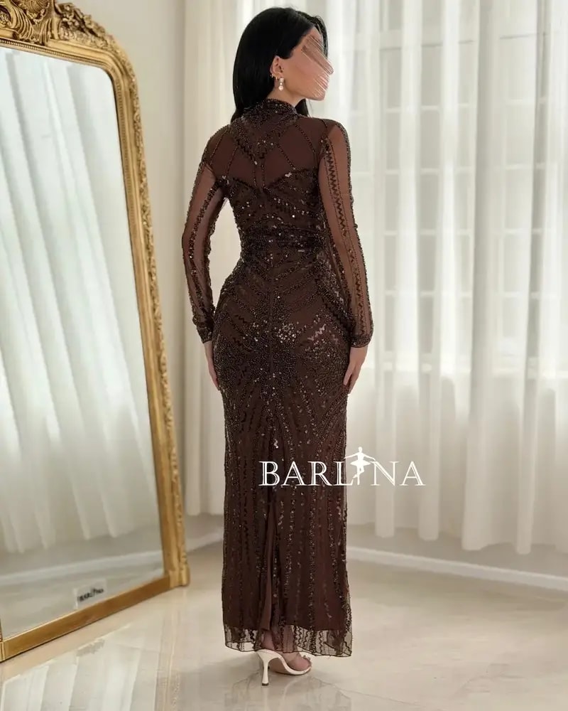 Dark brown evening dress with a high embroidered collar