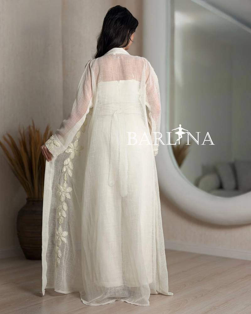 White jumpsuit jalabiya with embroidered sheer skirt