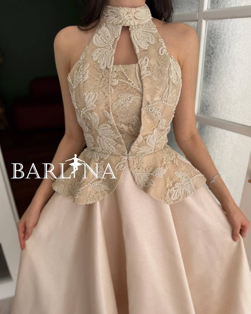 Beige high neck peplum dress