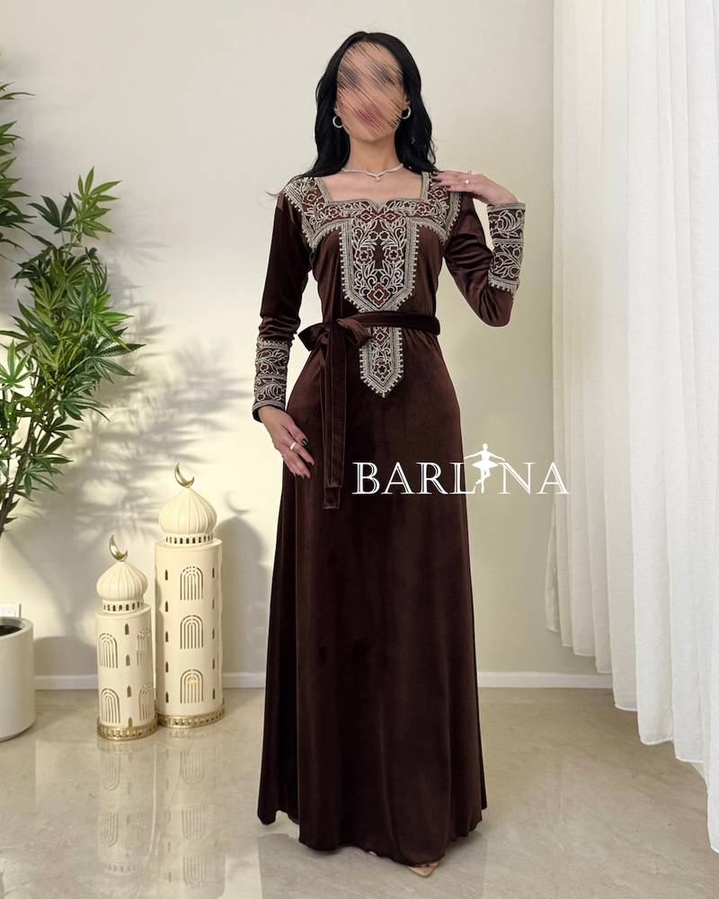 Brown velvet jalabiya with oriental embroidery