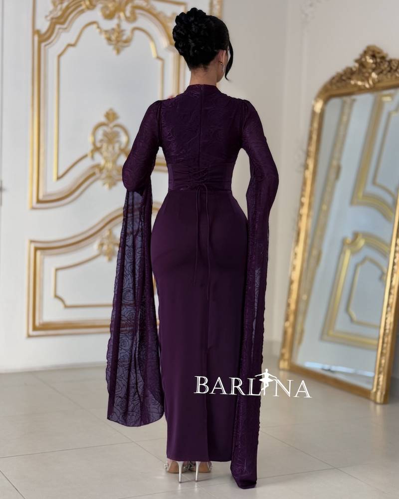 Long dress with sheer, draped sleeves