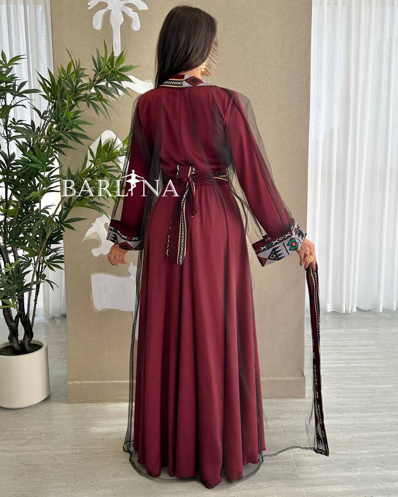 Elegant maroon jalabiya with traditional embroidery
