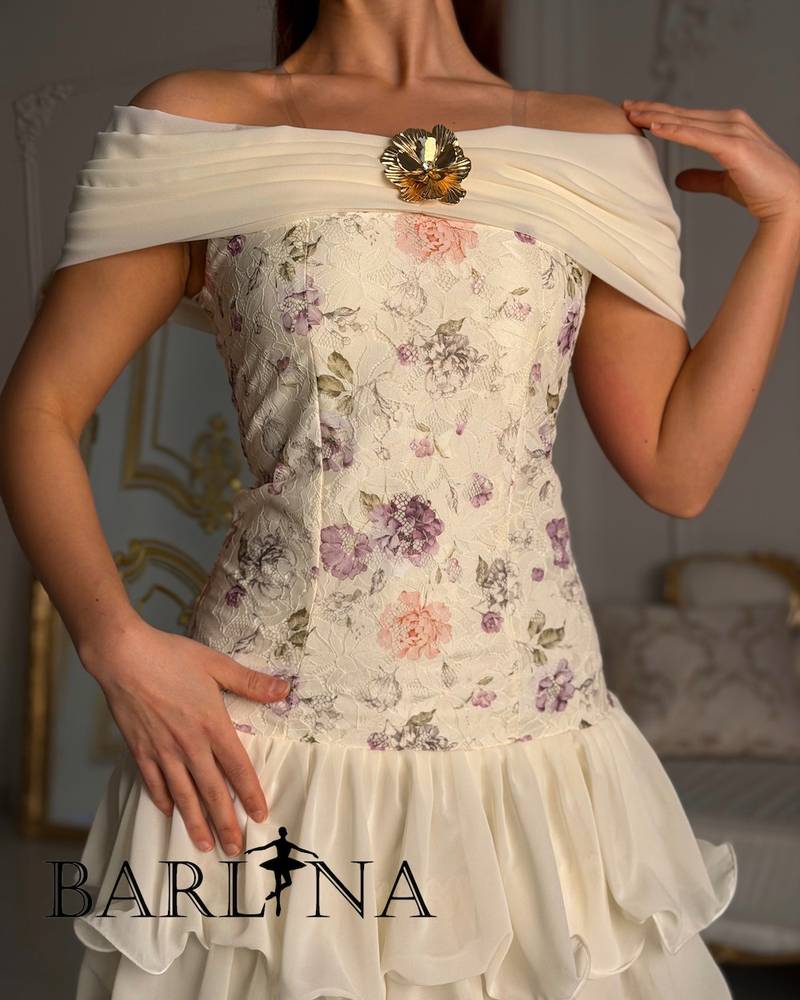 Off-white floral dress with layered underskirts