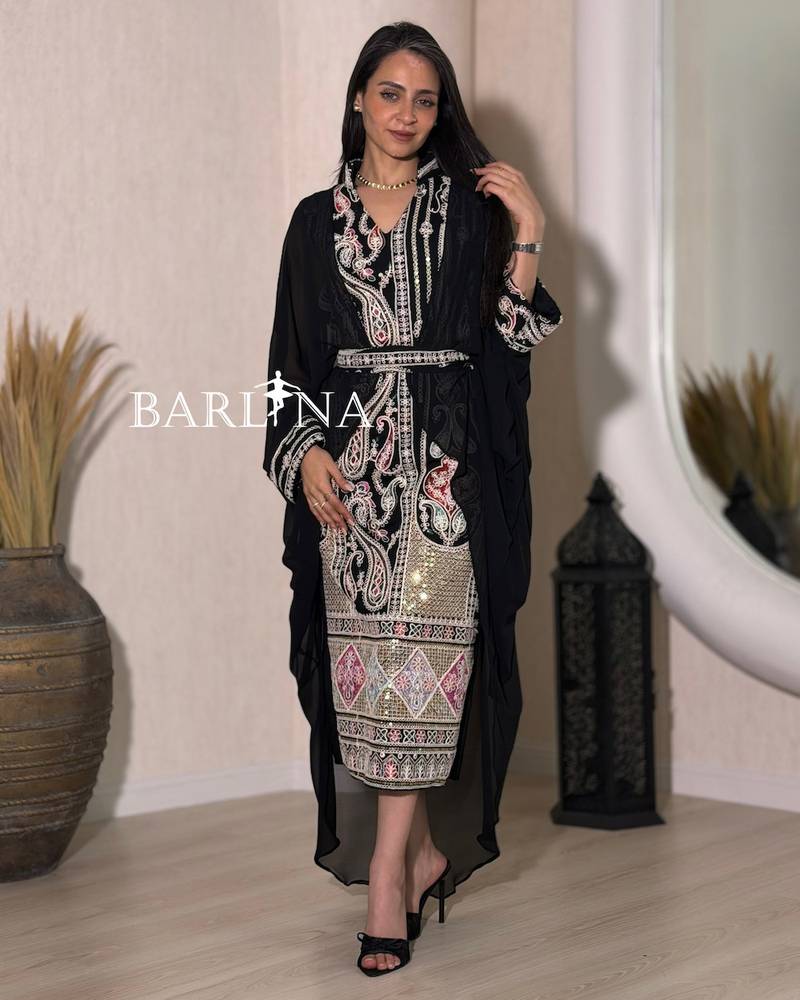 Jalabiya with luxurious multi-colored embroidery