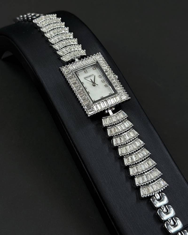 Luxury silver women's watch with a rectangular design