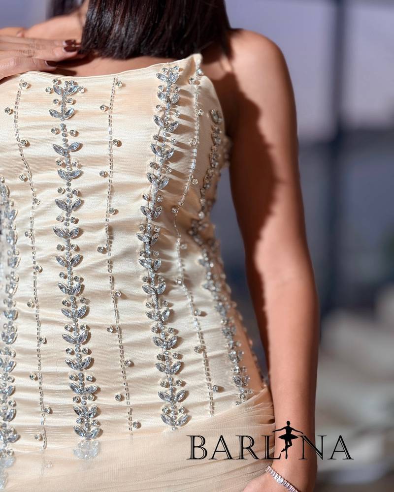 Beige top dress with shiny crystals