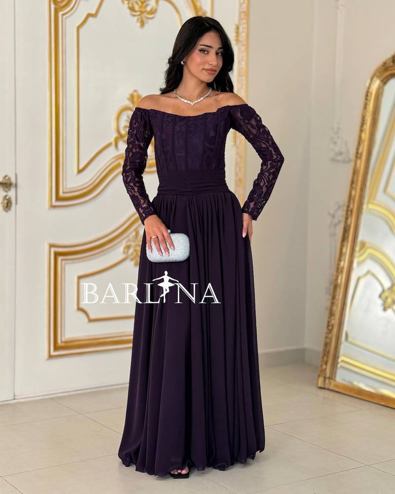 Purple off-shoulder dress with lace details