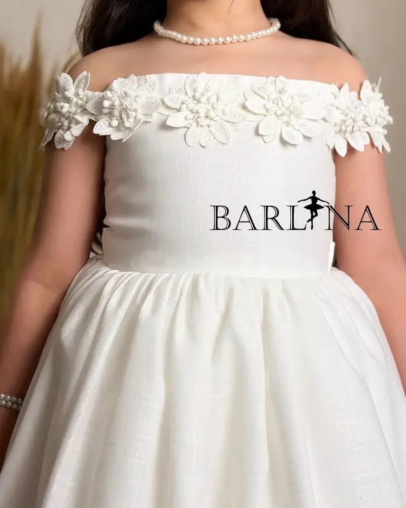 Girly off-white off-shoulder evening dress