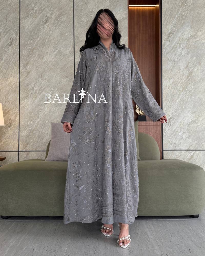 Grey abaya decorated with finely distributed embroidery